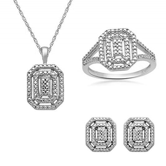 Sterling Silver Diamond Accent Halo Pendant-Necklace-Ring-Stud Earrings Set