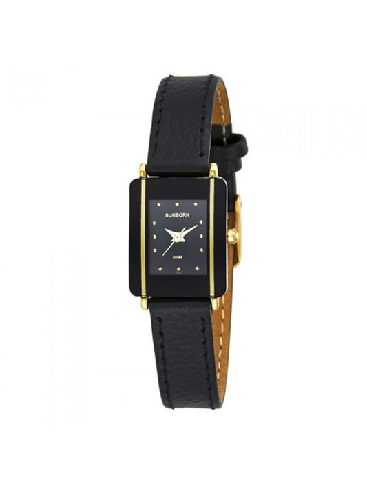 Ladies watch with stainless steel case, black dial and genuine leather strap