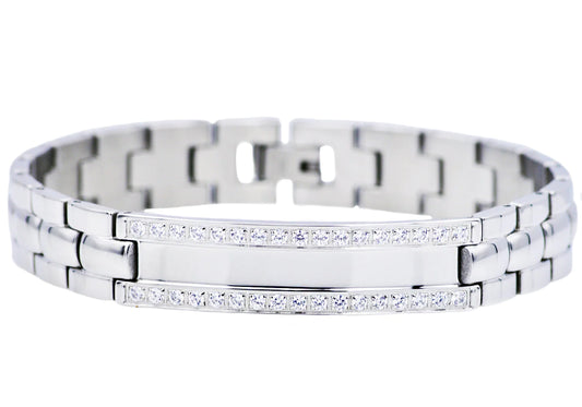 Mens Stainless Steel ID-Engravable Bracelet With Cubic Zirconia