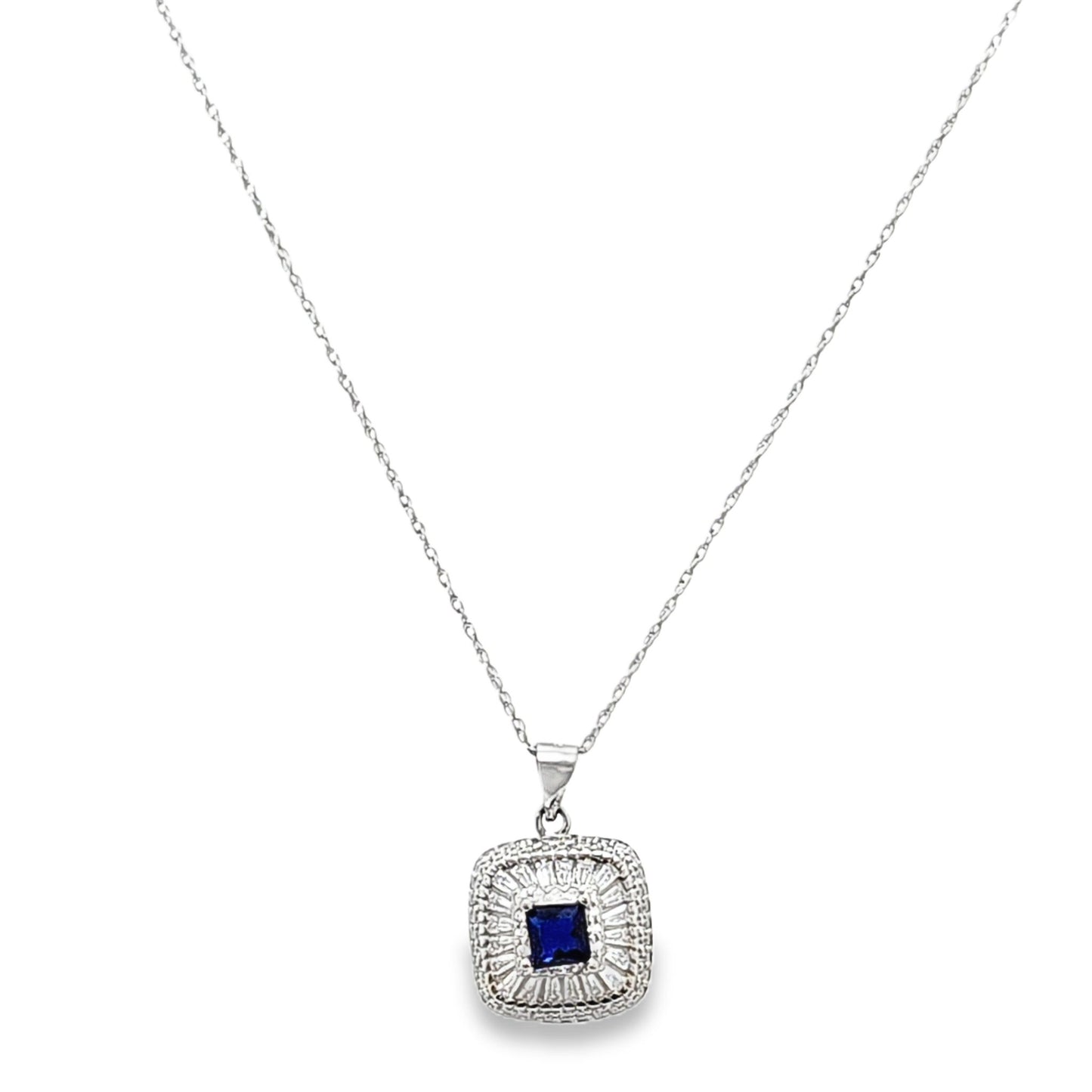 925 Silver Created Blue Sapphire Round & Baguette CZ Pendant and Earring Set - Pristine J LLC