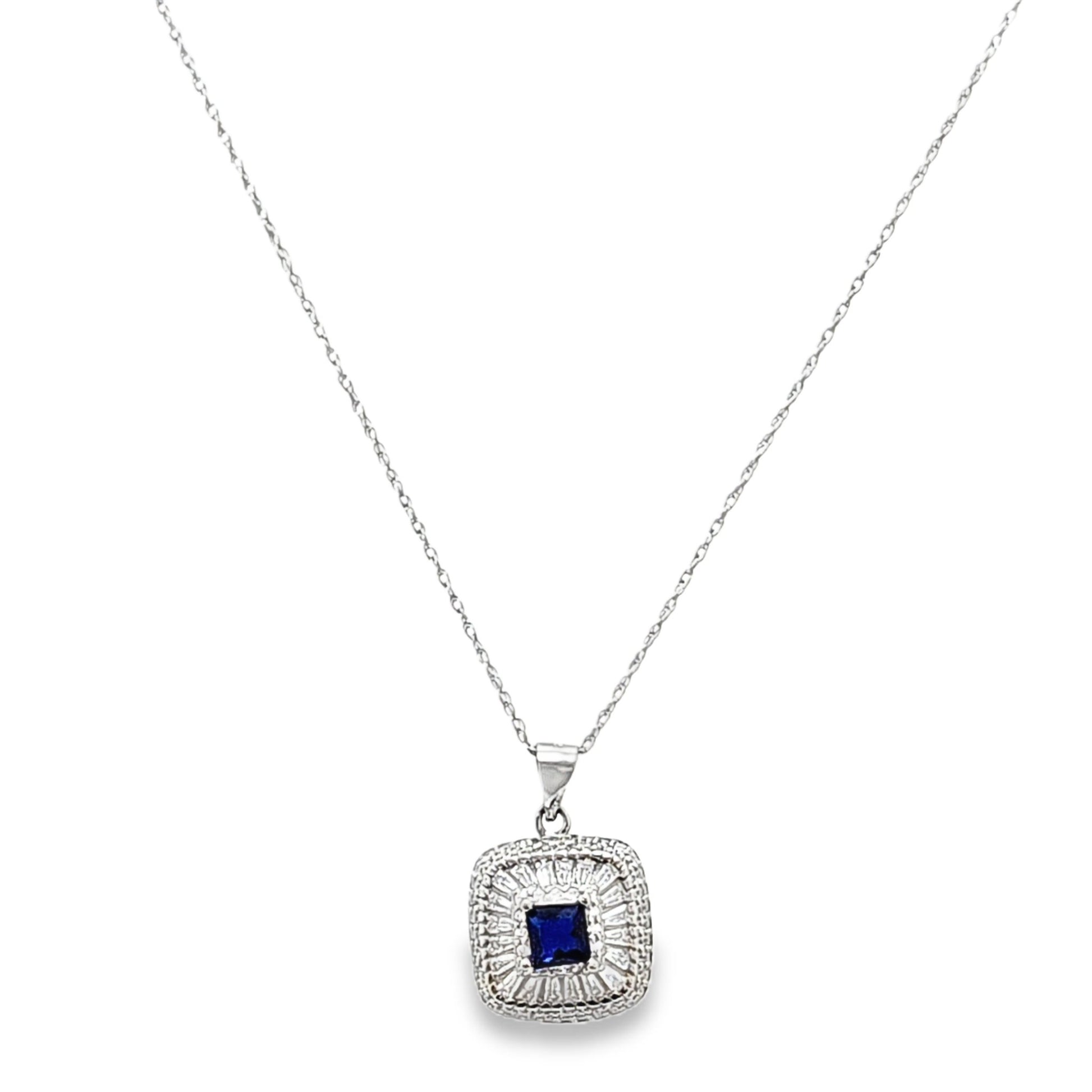 925 Silver Created Blue Sapphire Round & Baguette CZ Pendant and Earring Set - Pristine J LLC