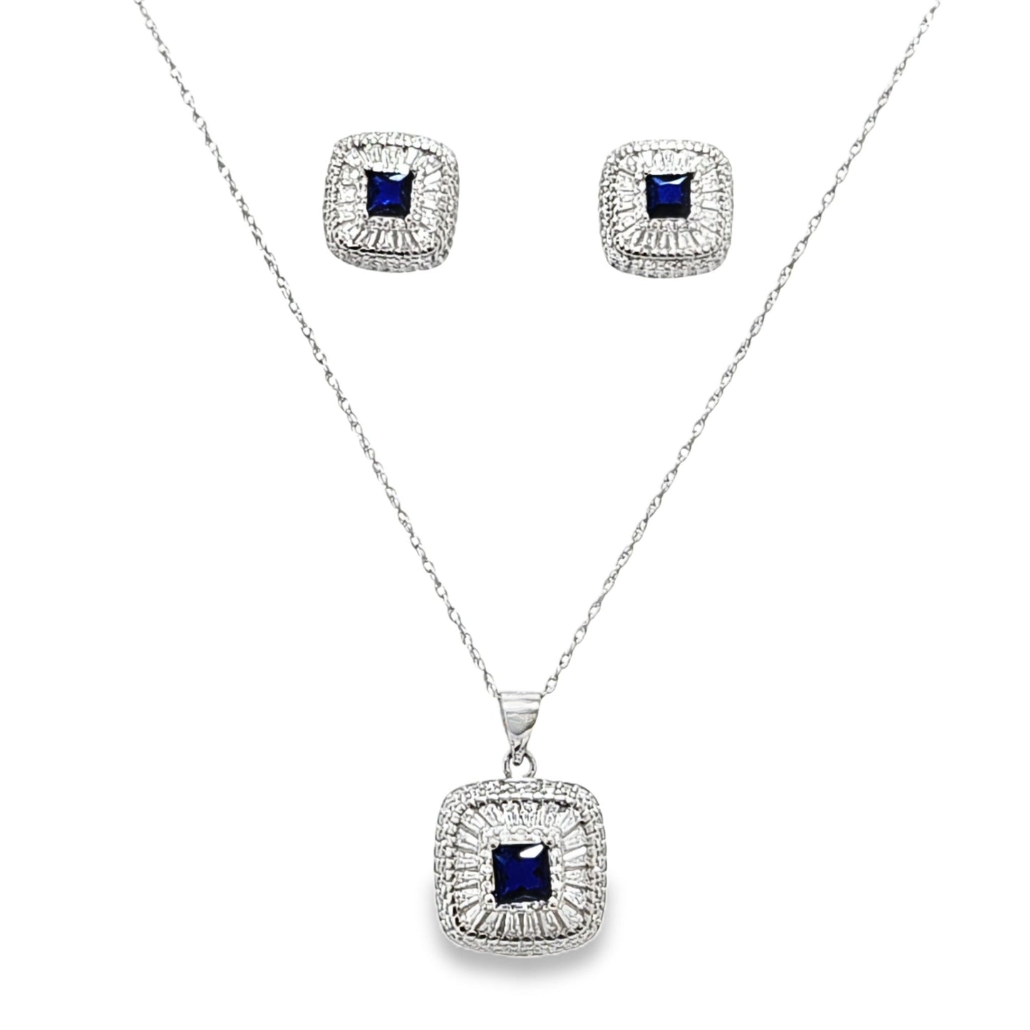 925 Silver Created Blue Sapphire Round & Baguette CZ Pendant and Earring Set - Pristine J LLC