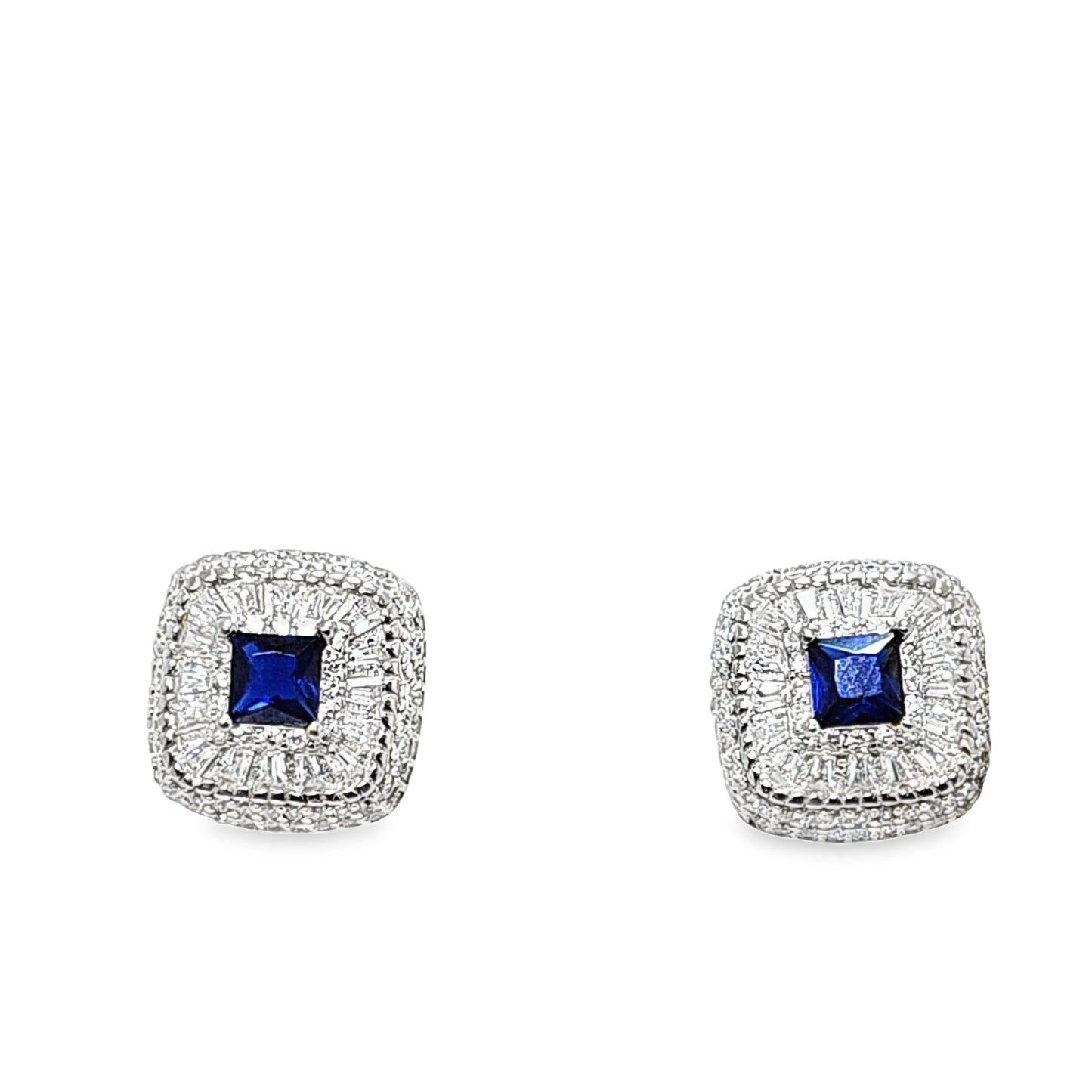 925 Silver Created Blue Sapphire Round & Baguette CZ Pendant and Earring Set - Pristine J LLC