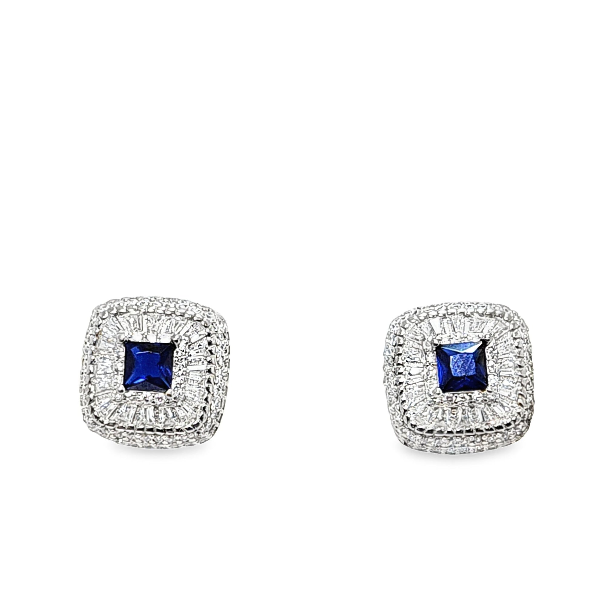 925 Silver Created Blue Sapphire Round & Baguette CZ Pendant and Earring Set - Pristine J LLC