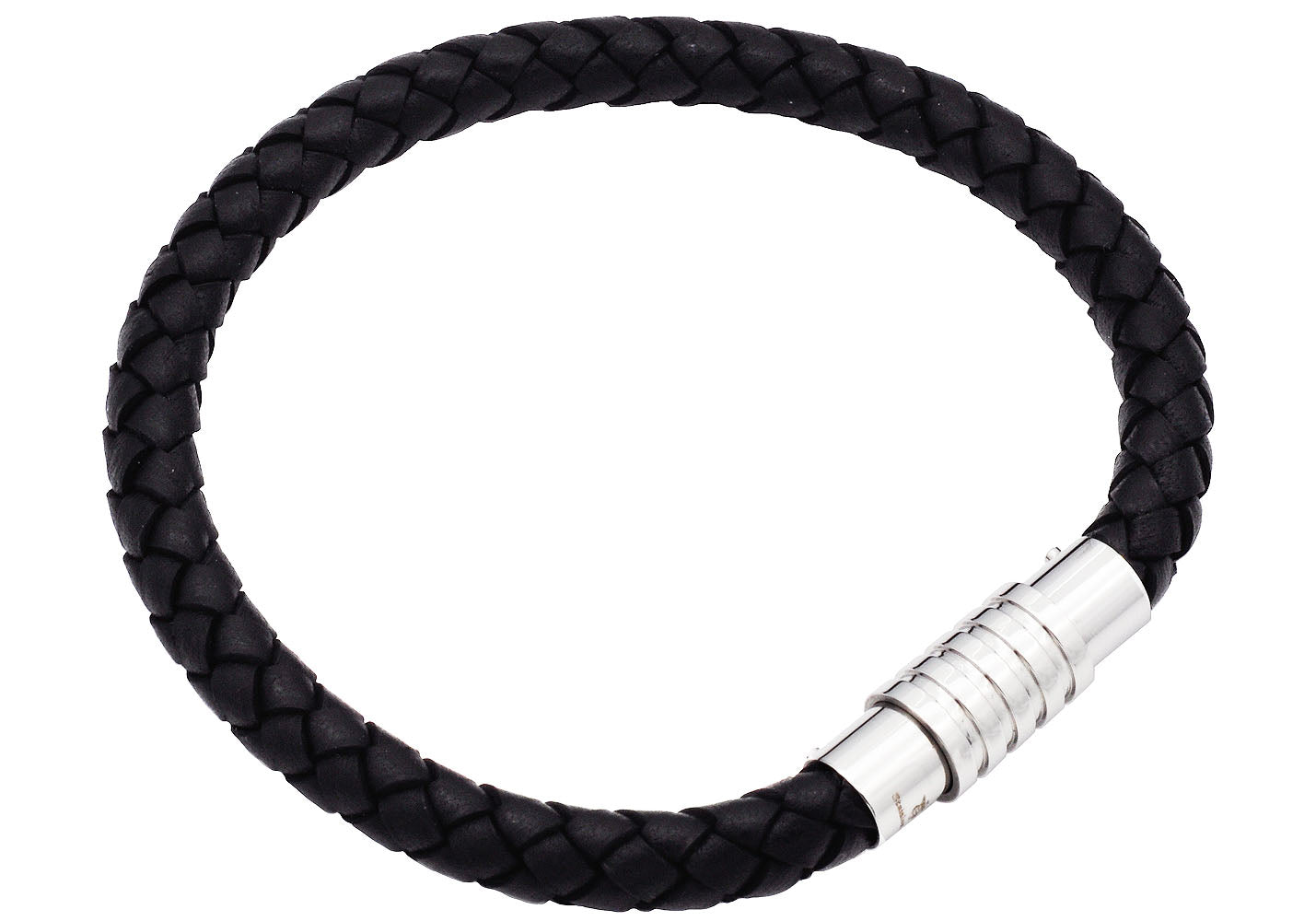 Men's Black Leather Black Stainless Steel Bracelet