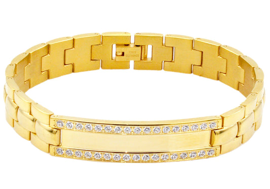 Mens Gold Plated Stainless Steel ID-Engravable Bracelet With Cubic Zirconia