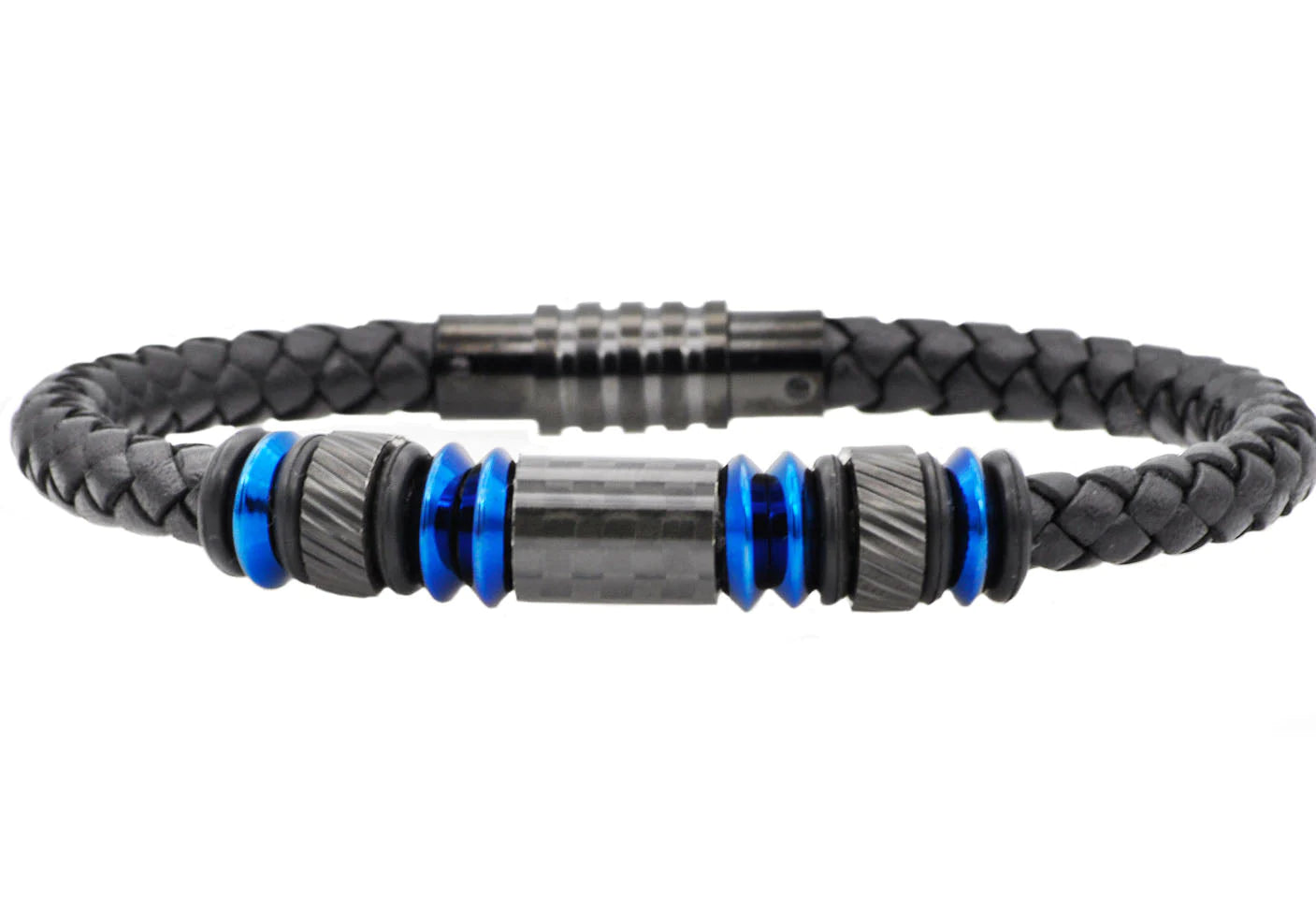 Mens Black Leather Blue Stainless Steel Bracelet With Carbon Fiber