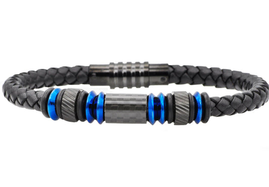 Mens Black Leather Blue Stainless Steel Bracelet With Carbon Fiber