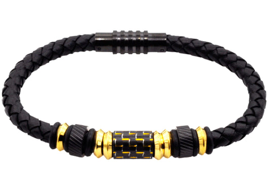 Mens Black Leather Gold Plated Stainless Steel Bracelet With Carbon Fiber