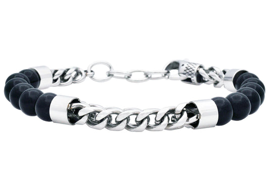Mens Genuine Onyx Stainless Steel Beaded And Franco Link Chain Bracelet