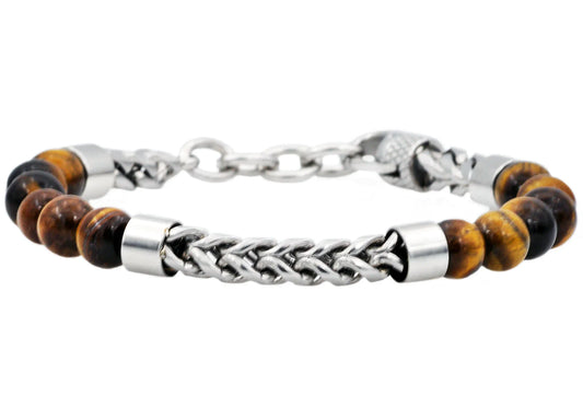 Mens Genuine Tiger Eye Stainless Steel Beaded And Franco Link Chain Bracelet With Adjustable Clasp
