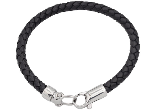 Mens Black Leather Stainless Steel Bracelet