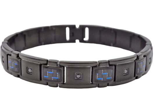 Mens Black And Blue Carbon Fiber Black Stainless Steel Bracelet With Black Cubic Zirconia