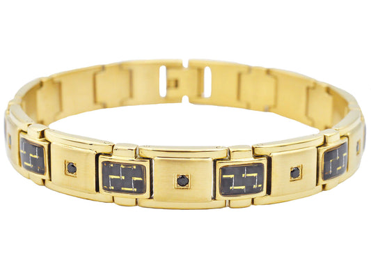 Men's Black And Gold Carbon Fiber Gold Stainless Steel Bracelet With Black Cubic Zirconia