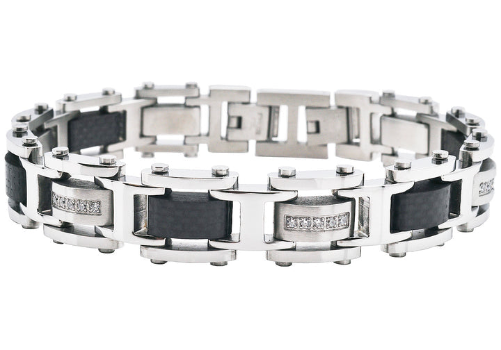 Mens Stainless Steel Bracelet With Black Carbon Fiber And Cubic Zirconia