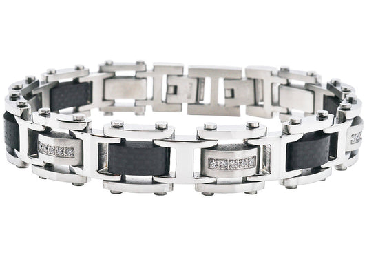 Mens Stainless Steel Bracelet With Black Carbon Fiber And Cubic Zirconia
