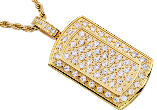 Mens Gold Stainless Steel Dog Tag Pendant With Cubic Zirconia