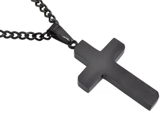 Mens Matt Black Stainless Steel Cross Pendant With 24" Curb Chain