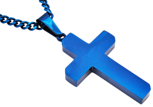 Men's Blue Stainless Steel Cross Pendant With 24" Blue Curb Chain