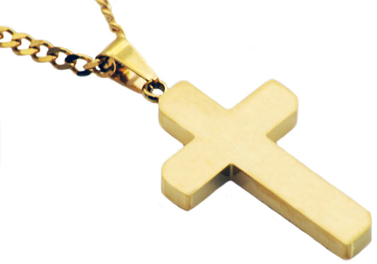 Mens Gold Stainless Steel Cross Pendant With 24" Gold Curb Chain