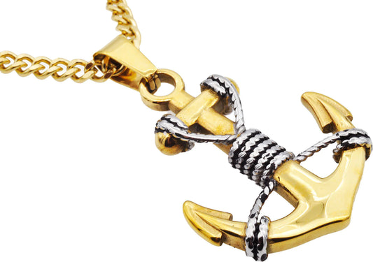 Mens Two Tone Gold Stainless Steel Anchor Pendant Necklace With 24" Curb Chain
