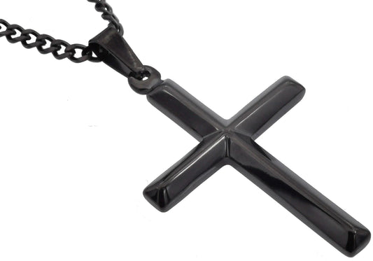 Mens Black Stainless Steel Cross Pendant With 24" Curb Chain