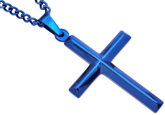 Mens Blue Stainless Steel Cross Pendant With 24" Curb Chain