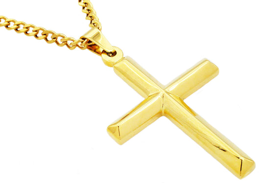 Mens Gold Stainless Steel Cross Pendant With 24" Curb Chain