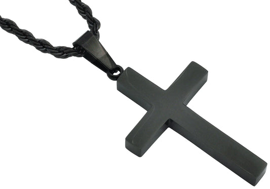 Mens Stainless Steel Black Plated Cross Pendant With 24" Rope Chain