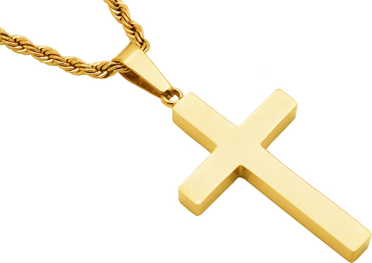 Mens Gold Stainless Steel Cross Pendant With 24" Rope Chain