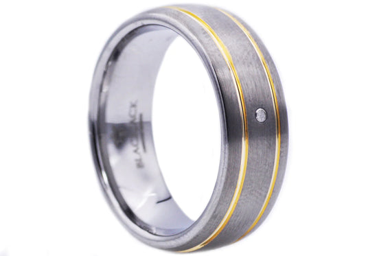 Men Gold Tungsten Band Ring With Diamond