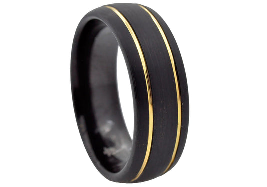 Men's Black & Gold Tungsten Double Etched Stripe Band Ring