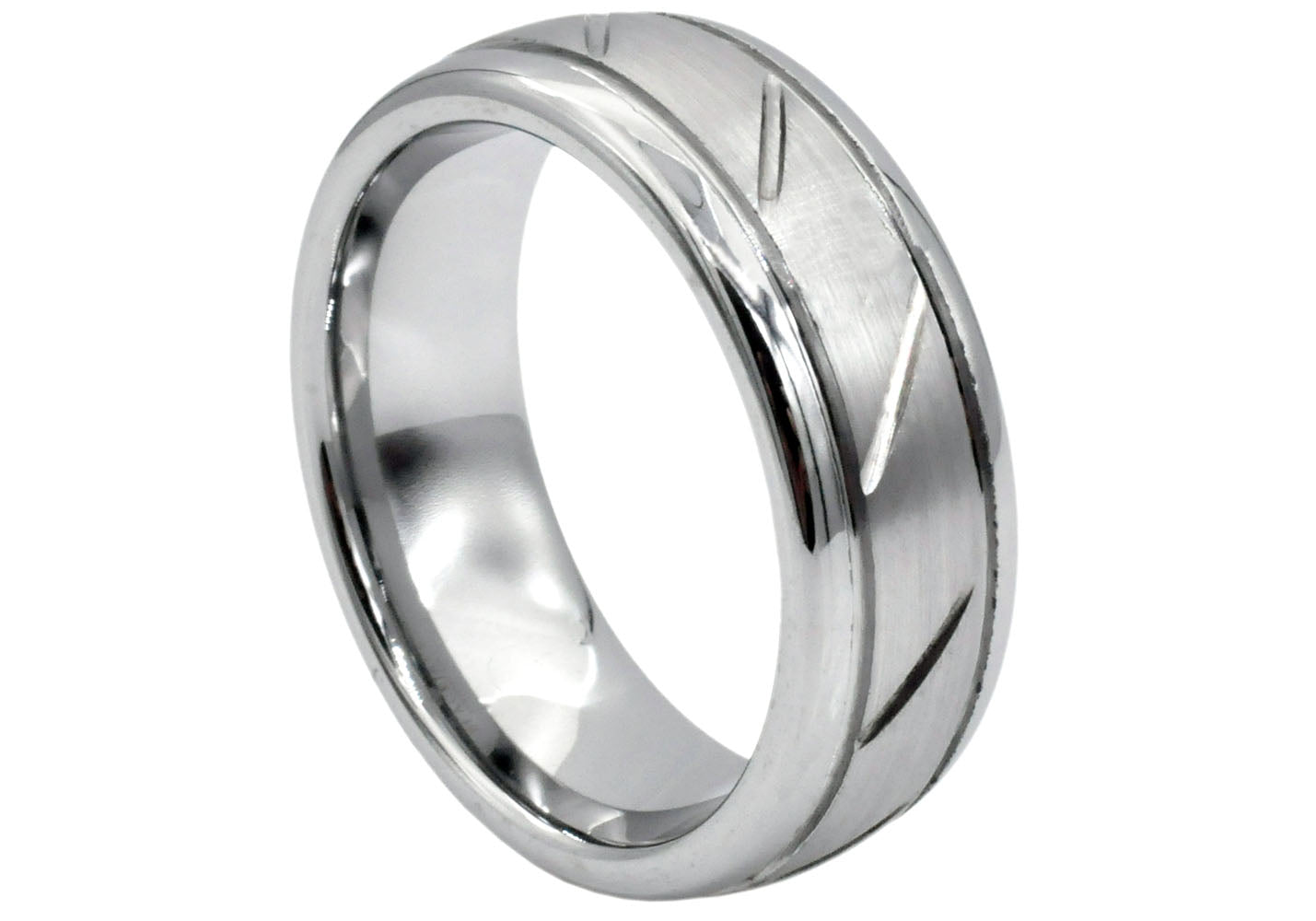 Men’s 8mm Brushed & Polished Tungsten Etched Band – Comfort Fit