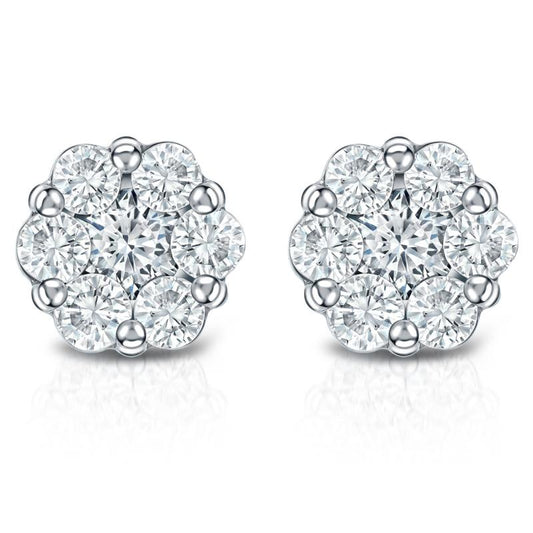1.00ctw Lab Grown Flower Seven Stone Cluster Diamond Studs Earrings in 14KT White Gold