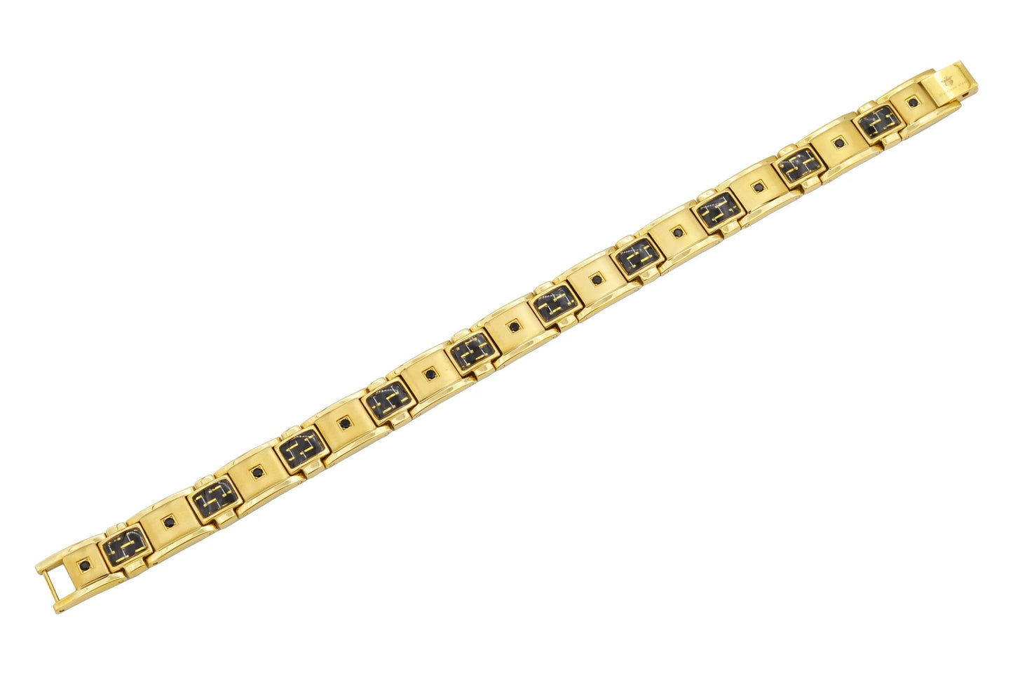 Men's Black And Gold Carbon Fiber Gold Stainless Steel Bracelet With Black Cubic Zirconia - Pristine J LLC