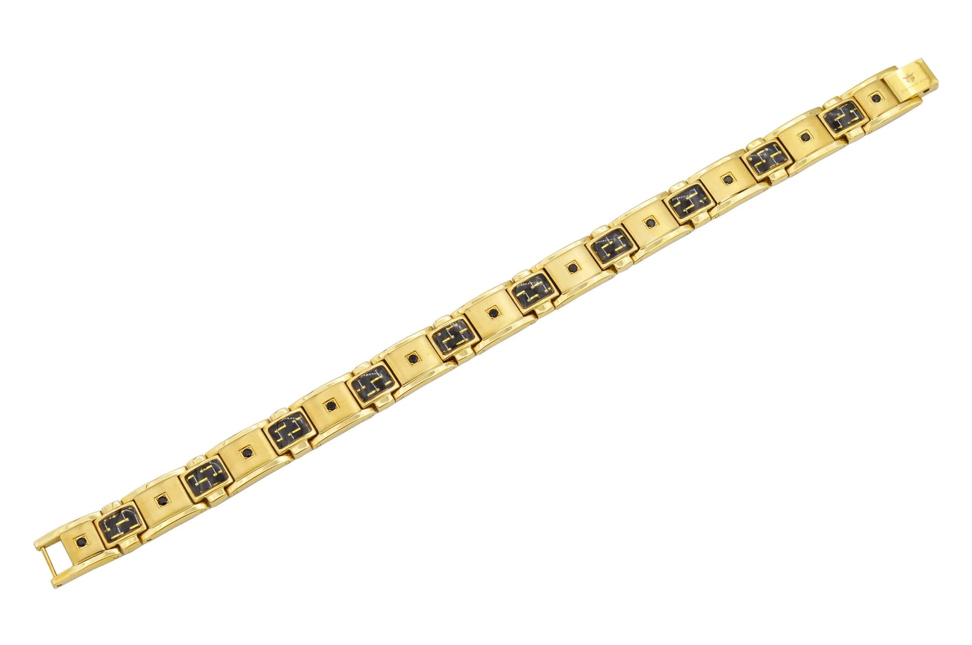 Men's Black And Gold Carbon Fiber Gold Stainless Steel Bracelet With Black Cubic Zirconia - Pristine J LLC