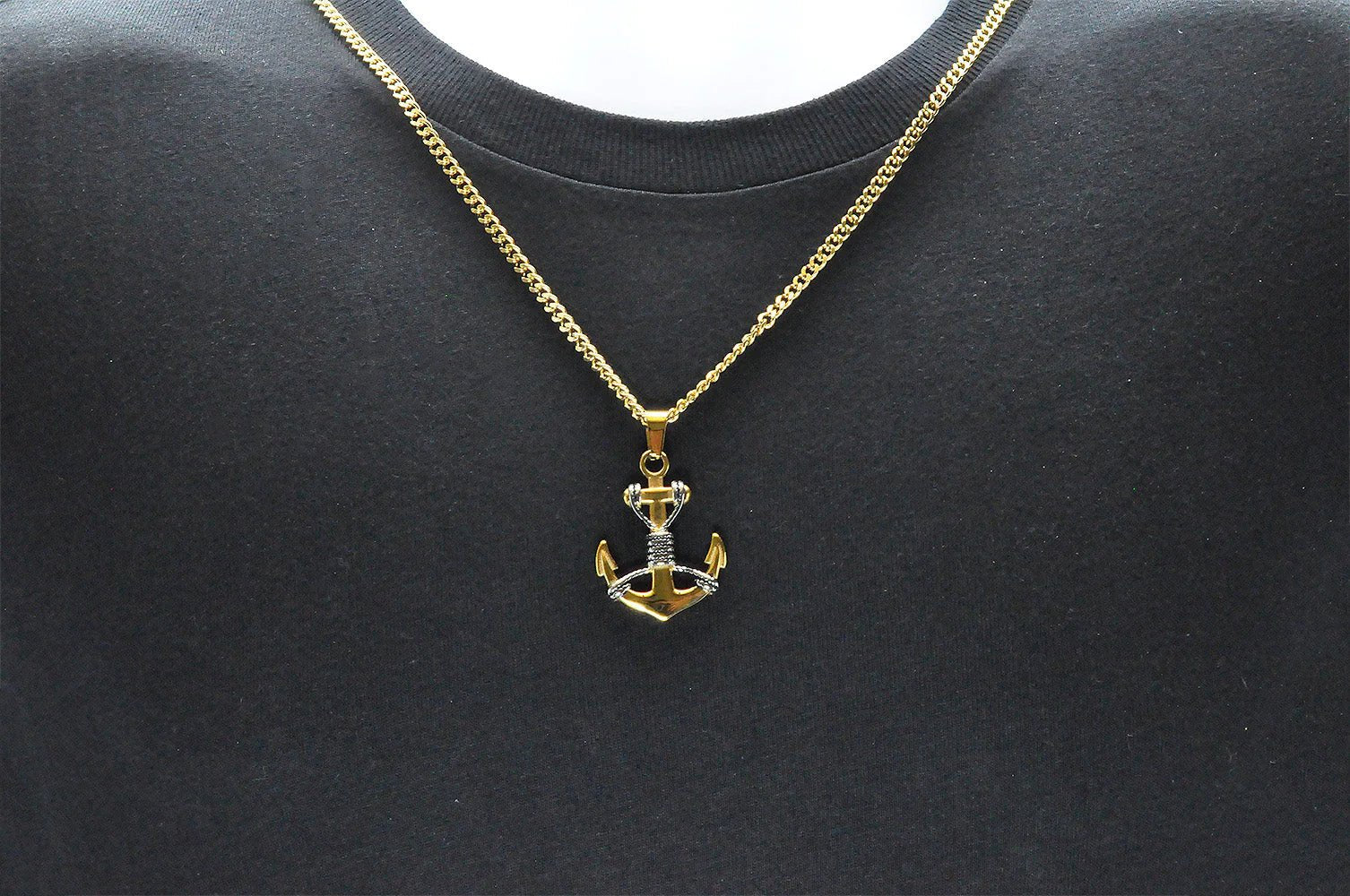 Mens Two Tone Gold Stainless Steel Anchor Pendant Necklace With 24" Curb Chain - Pristine J LLC