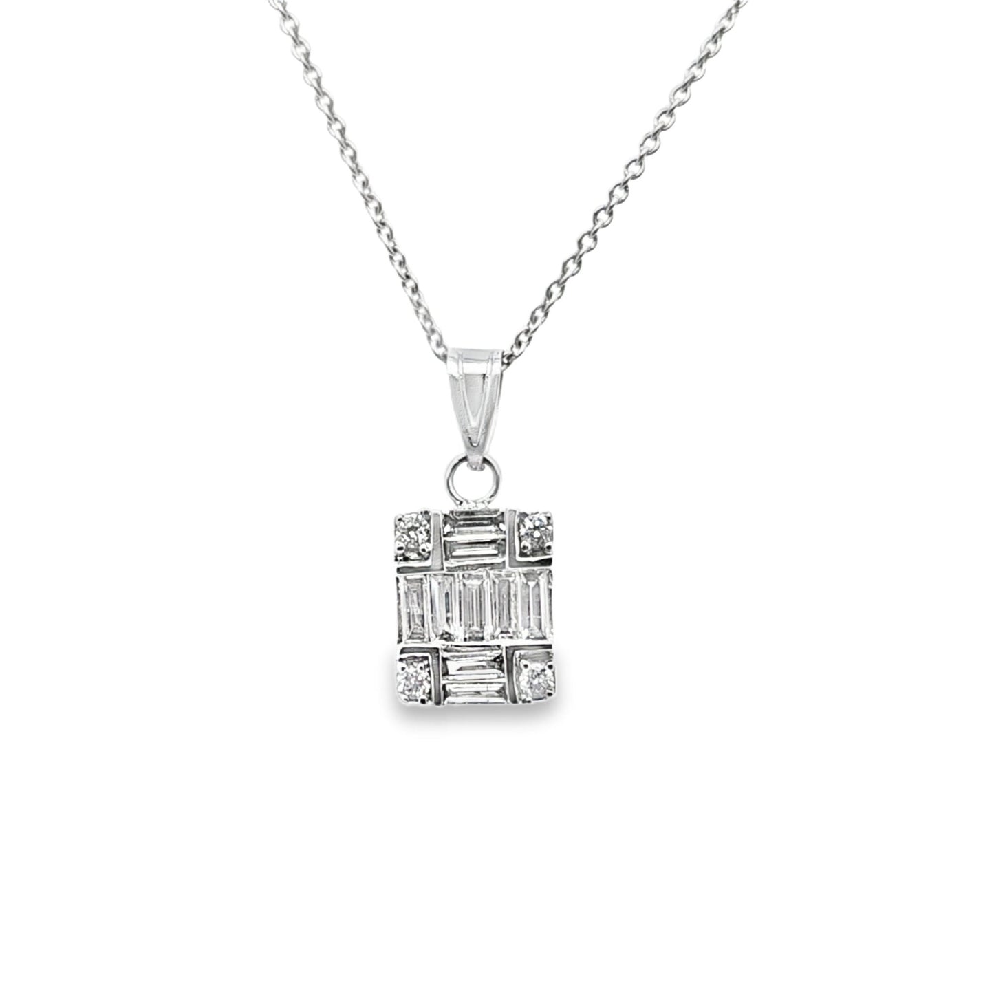 10kt White Gold 0.50ct Round and Baguette Cocktail Pendant Necklace - Pristine J LLC