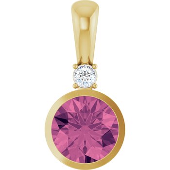 14K Yellow Gold 8 mm Round Diamond & Lab-Created Pink Tourmaline Pendant Necklace – 18 Inch Chain Included