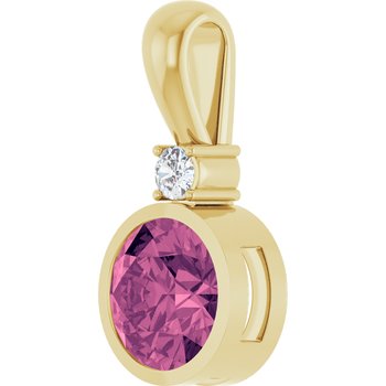 14K Yellow Gold 8 mm Round Diamond & Lab-Created Pink Tourmaline Pendant Necklace – 18 Inch Chain Included