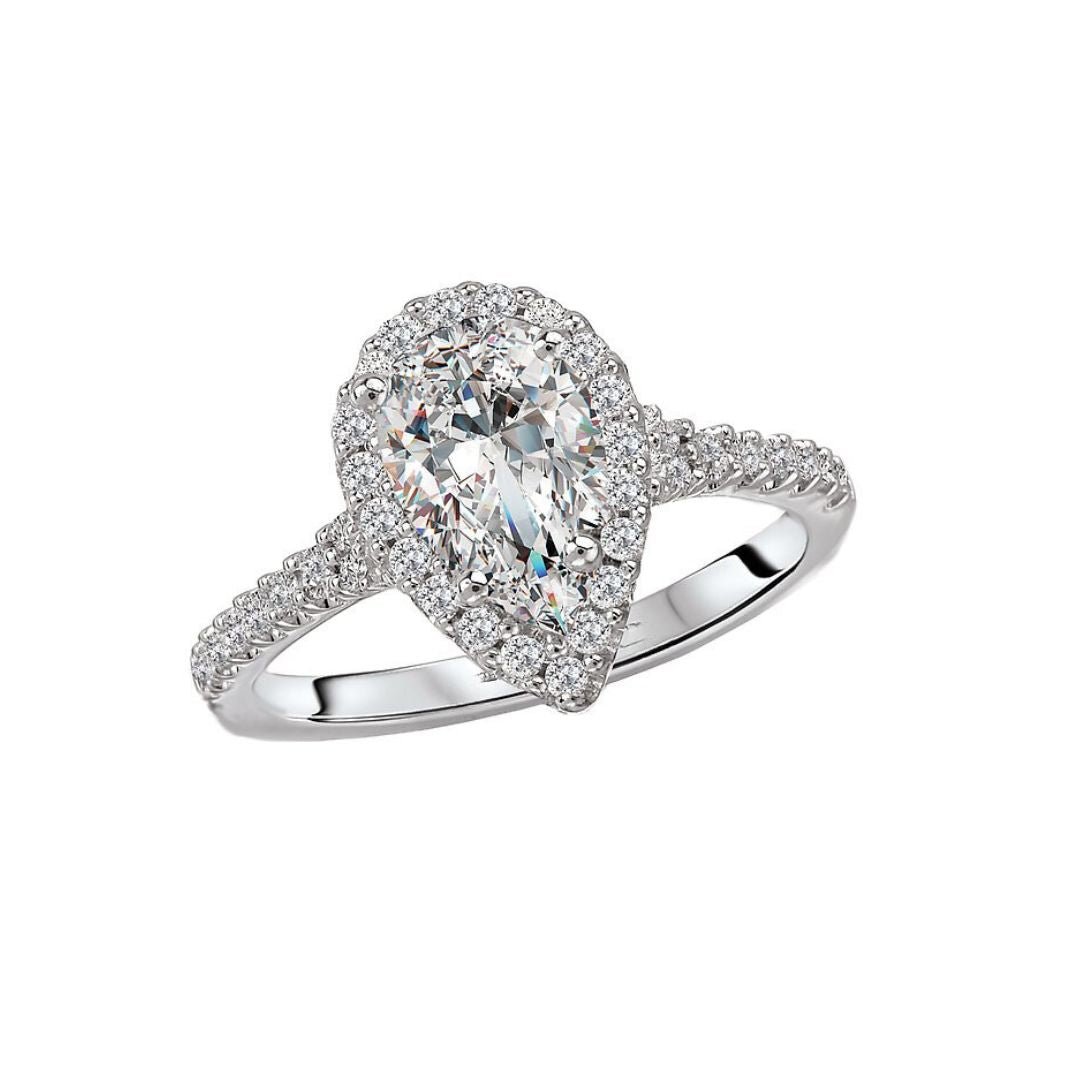 1.25ctw Pear Shape Halo Diamond Lab Grown Ring with Band in 14kt White Gold - Pristine J LLC