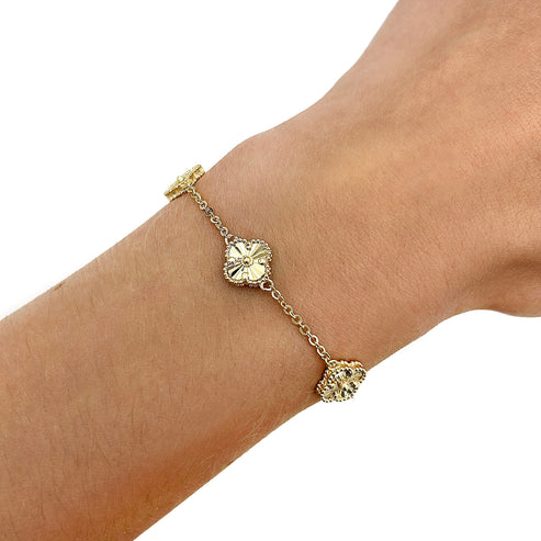 14K Yellow Gold Diamond-Cut Clover Adjustable Bracelet 7"–8"