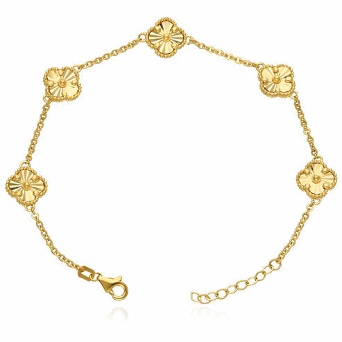 14K Yellow Gold Diamond-Cut Clover Adjustable Bracelet 7"–8"