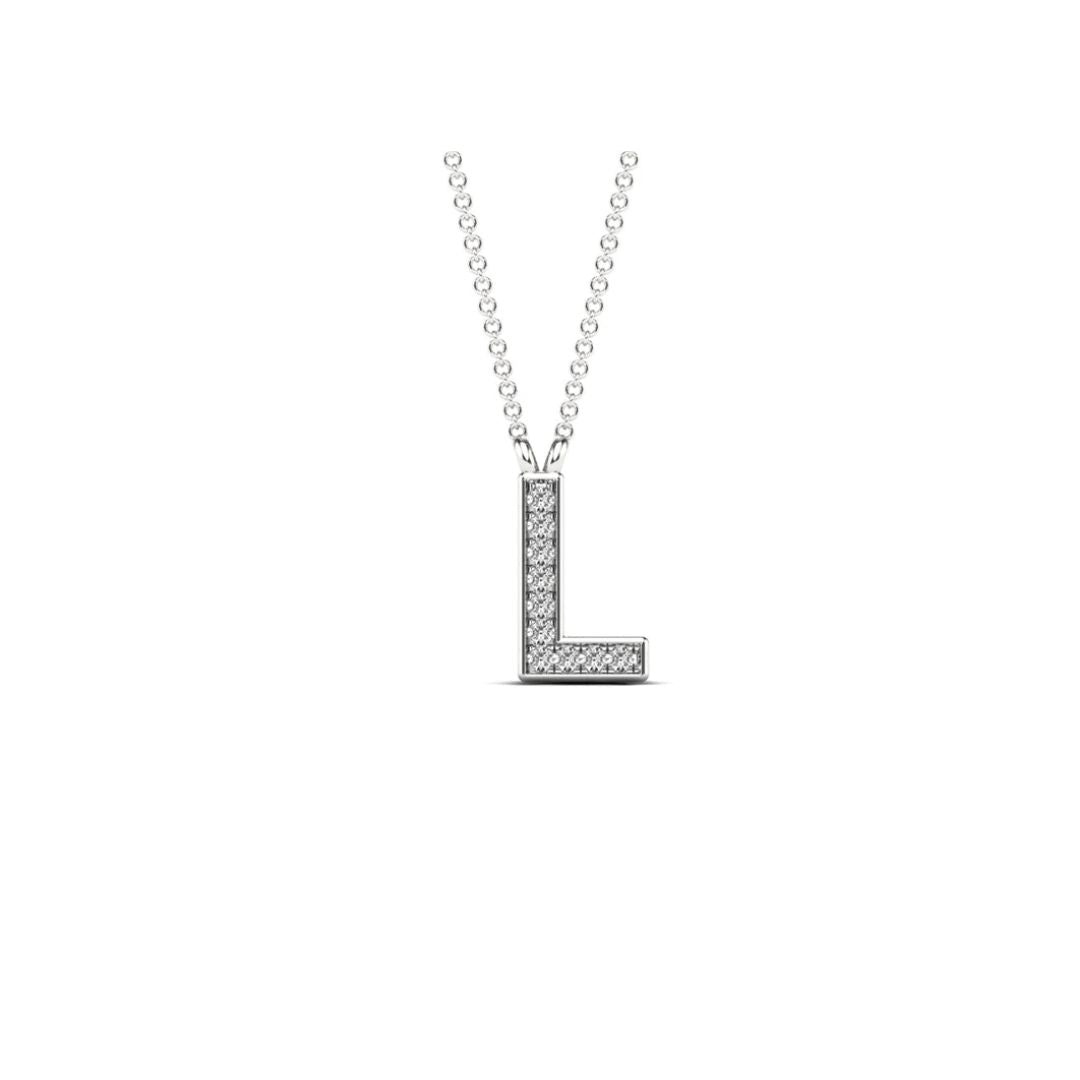 14K White Gold 0.04ctw Diamond Alphabet " L " Letter Necklace - Pristine J LLC