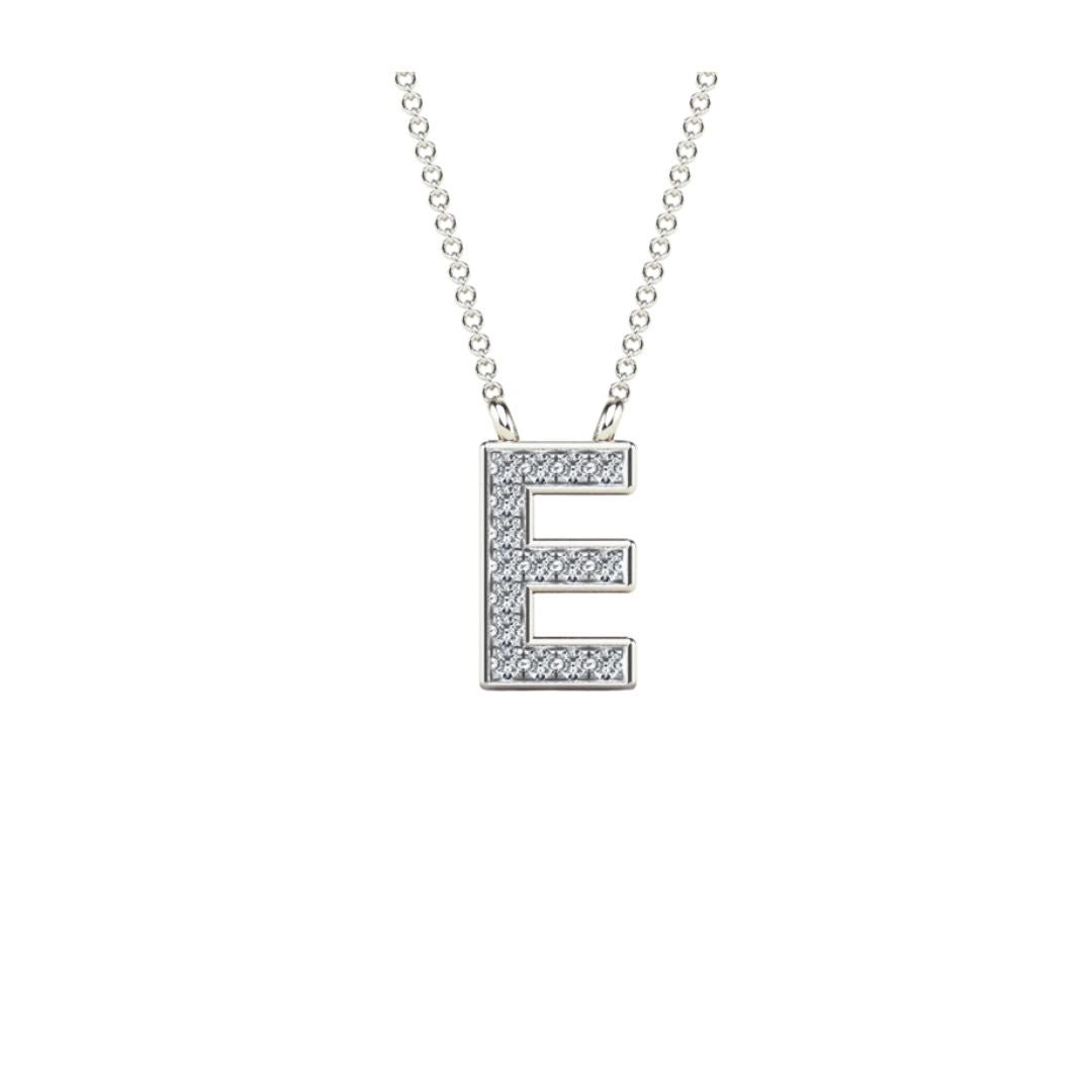 14K White Gold 0.06ctw Diamond Alphabet " E " Letter Necklace - Pristine J LLC