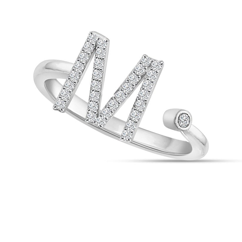 14K White Gold Open Ends "M" Initial Letter Diamond Women's Ring - Pristine J LLC