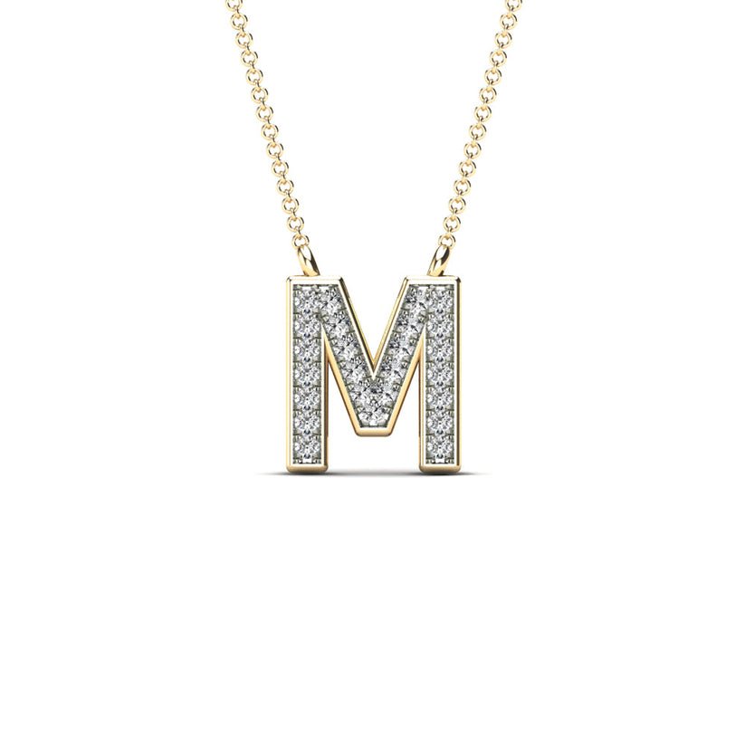 14K Yellow Gold 0.10ctw Diamond Alphabet " M " Letter Necklace - Pristine J LLC