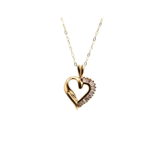 14K Yellow Gold Baguette 0.25ct Diamond Open Heart Necklace - 18" Chain - Pristine J LLC