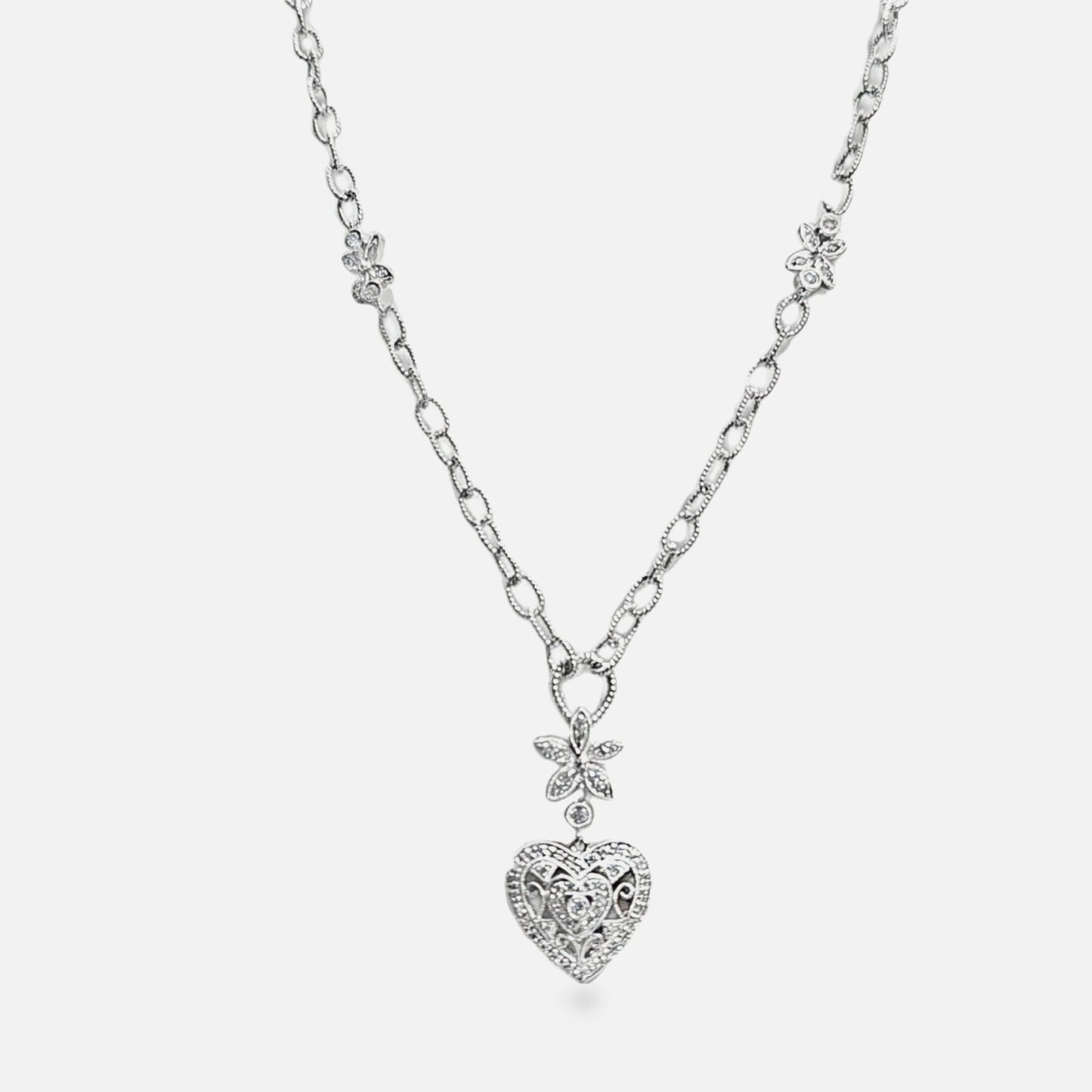 14kt White Gold 0.50ctw Heart & Flower Diamond Necklace - Pristine J LLC