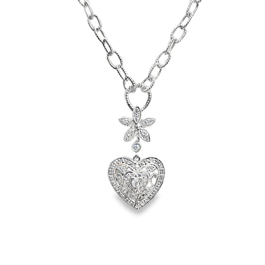 14kt White Gold 0.50ctw Heart & Flower Diamond Necklace - Pristine J LLC